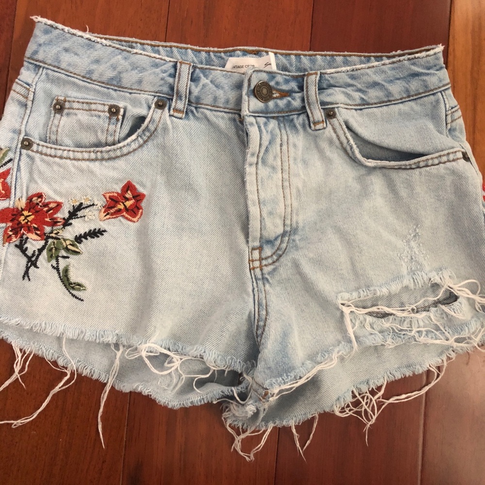 Floral jean subdued shorts.